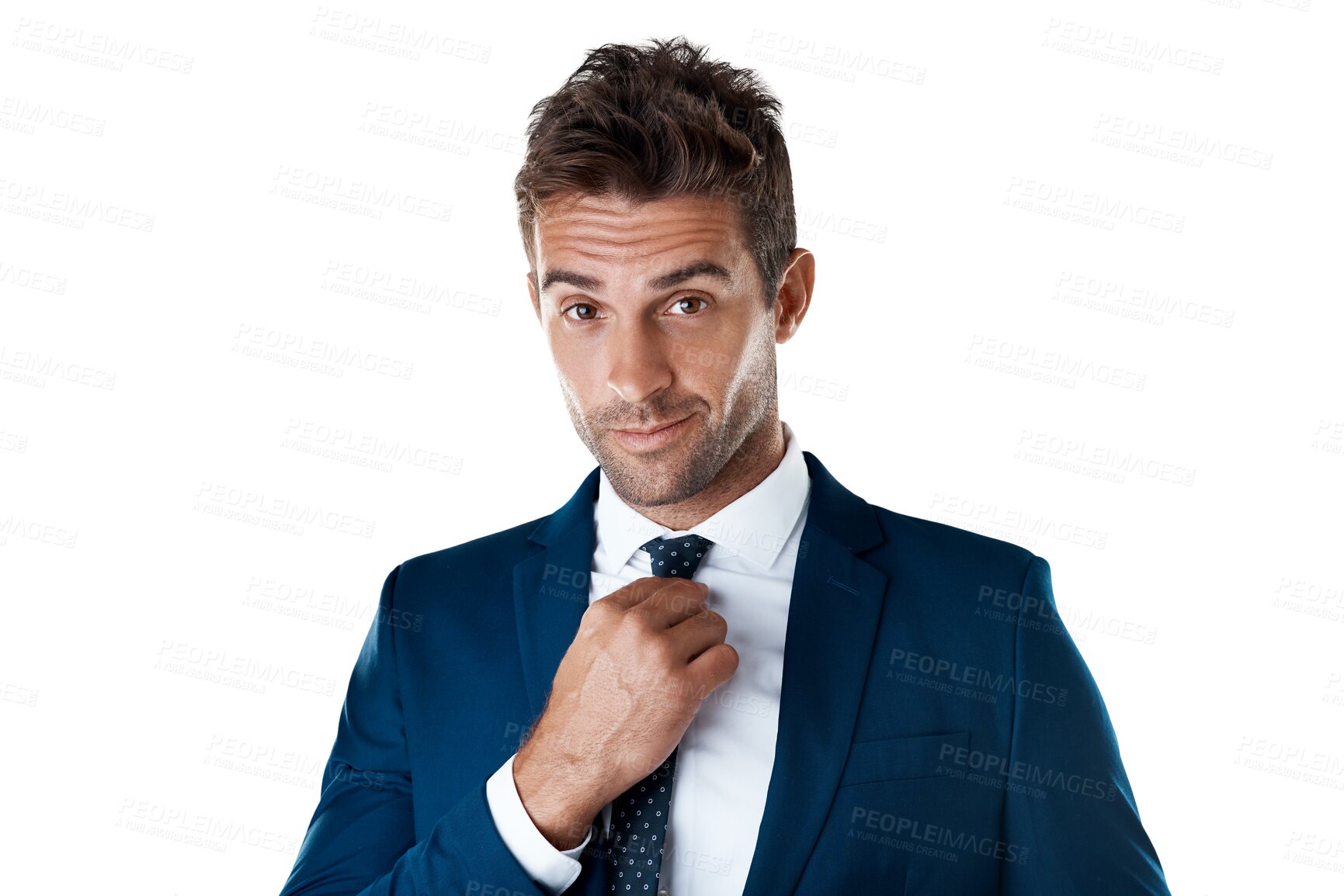 Buy stock photo Portrait of businessman fixing tie with pride, smile and broker isolated on transparent png background. Business fashion, confident career man or professional consultant in suit, happy face of trader