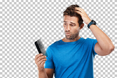 Buy stock photo Isolated man, brush and thinking for hair loss, stress and worry for alopecia by transparent png background. Guy, shock and male pattern baldness with anxiety for ageing, cosmetics or scalp wellness