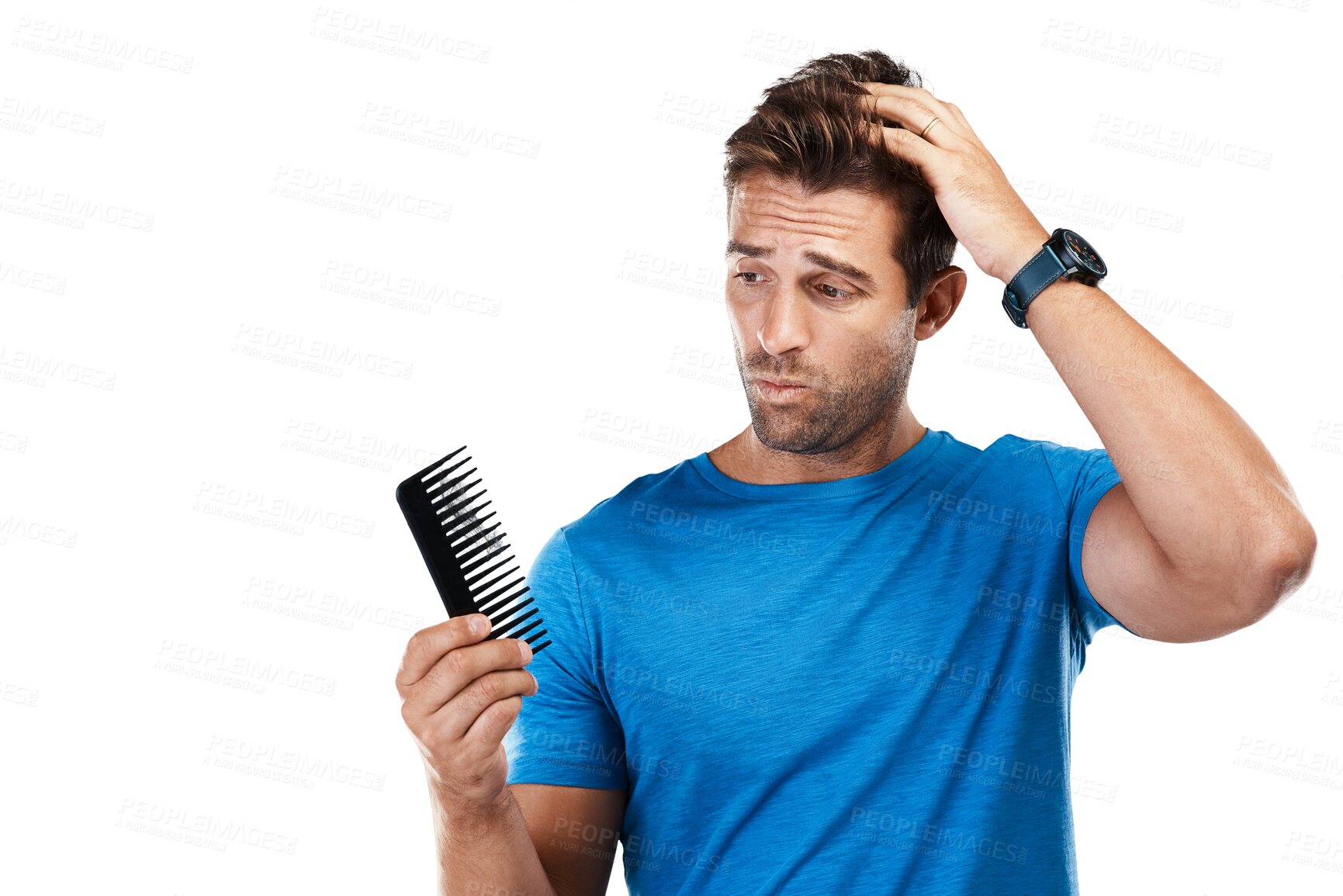 Buy stock photo Isolated man, brush and thinking for hair loss, stress and worry for alopecia by transparent png background. Guy, shock and male pattern baldness with anxiety for ageing, cosmetics or scalp wellness