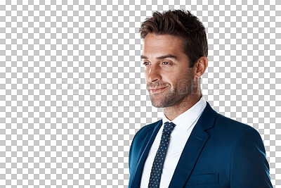 Buy stock photo Confident businessman with smile, pride and broker isolated on transparent png background in USA. Business fashion, career man or professional consultant in blue suit, happy face of trader in profile