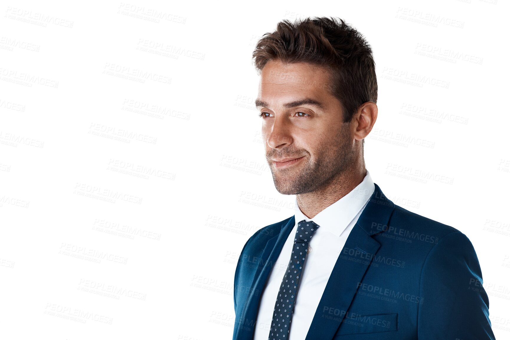 Buy stock photo Confident businessman with smile, pride and broker isolated on transparent png background in USA. Business fashion, career man or professional consultant in blue suit, happy face of trader in profile