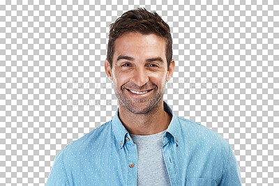 Buy stock photo Portrait of man with smile, casual fashion and confident in Portugal isolated on transparent png background. Denim shirt, relax and real face of happy male model in trendy modern style with pride.