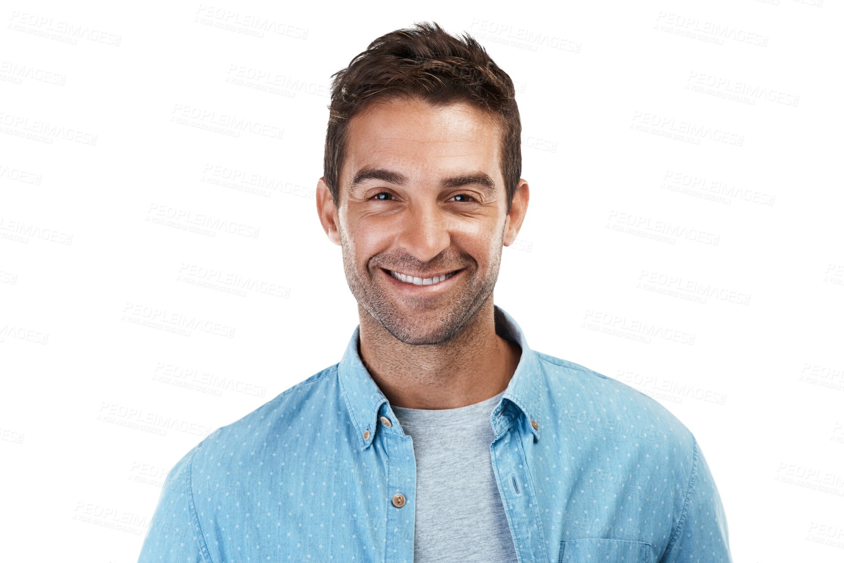 Buy stock photo Portrait of man with smile, casual fashion and confident in Portugal isolated on transparent png background. Denim shirt, relax and real face of happy male model in trendy modern style with pride.