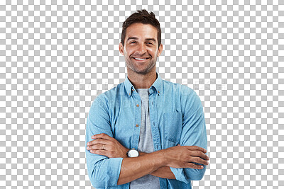 Buy stock photo Happy, fashion and arms crossed with portrait of man on png for pride, trendy and confidence. Smile, casual and cool with person from Spain isolated on transparent background for happiness and style