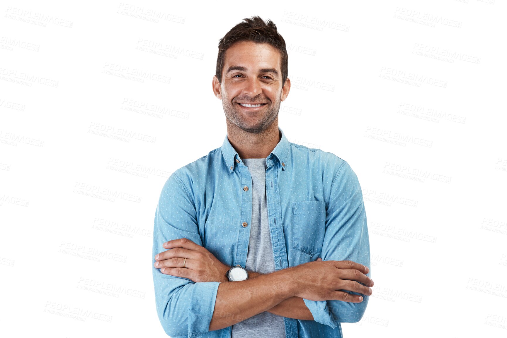 Buy stock photo Happy, fashion and arms crossed with portrait of man on png for pride, trendy and confidence. Smile, casual and cool with person from Spain isolated on transparent background for happiness and style