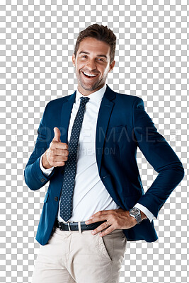 Buy stock photo Happy businessman, portrait or thumbs up for success, thank you or like isolated on transparent PNG background. Smile, hand gesture or excited male person with success, yes vote sign or okay review