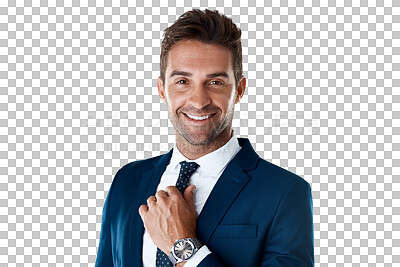 Buy stock photo Portrait of confident businessman with tie, smile and broker isolated on transparent png background. Business fashion, proud career man or professional consultant in suit, happy face of trader in USA