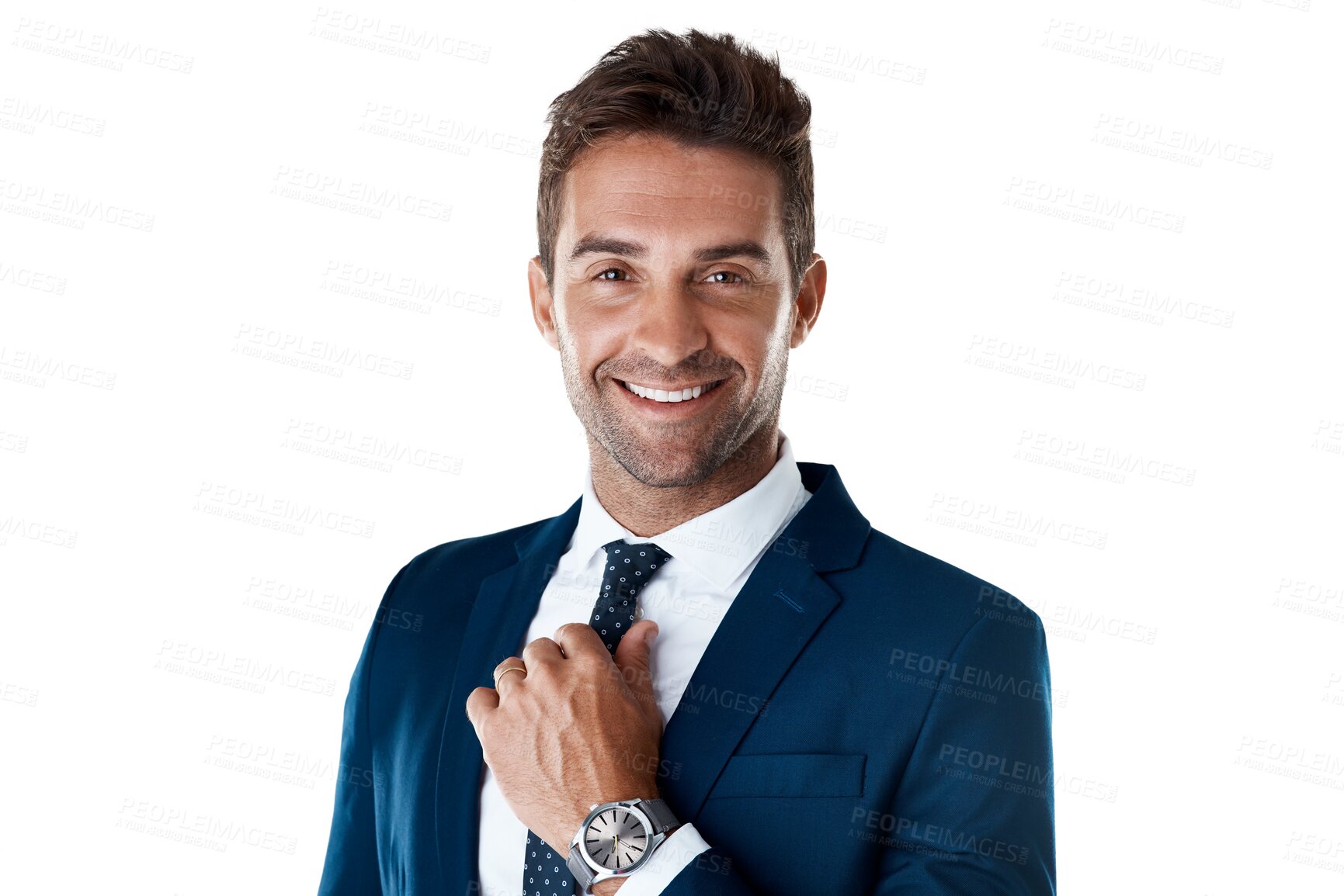 Buy stock photo Portrait of confident businessman with tie, smile and broker isolated on transparent png background. Business fashion, proud career man or professional consultant in suit, happy face of trader in USA