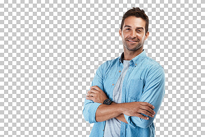 Buy stock photo Smile, fashion and arms crossed with portrait of man on png for pride, trendy and confidence. Happy, casual and cool with person from Spain isolated on transparent background for happiness and style