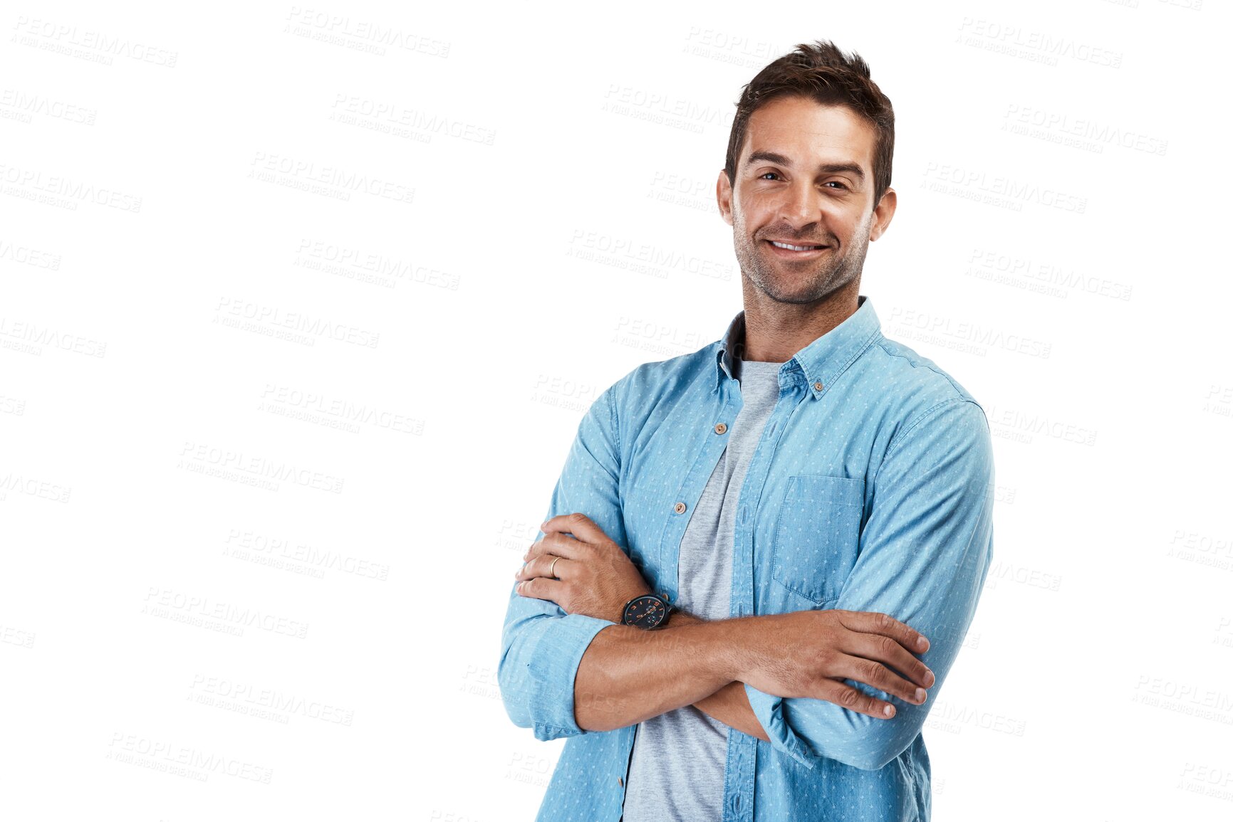 Buy stock photo Smile, fashion and arms crossed with portrait of man on png for pride, trendy and confidence. Happy, casual and cool with person from Spain isolated on transparent background for happiness and style