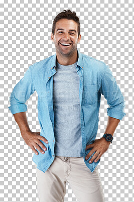 Buy stock photo Portrait of happy man, casual fashion and confidence in Portugal isolated on transparent png background. Denim shirt, relax and real face of male model with smile in trendy modern style with pride.