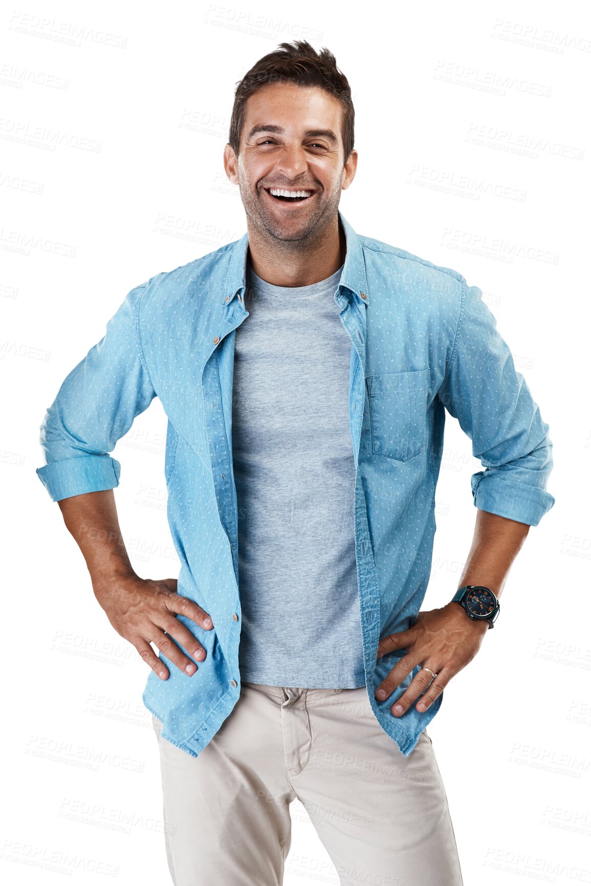 Buy stock photo Portrait of happy man, casual fashion and confidence in Portugal isolated on transparent png background. Denim shirt, relax and real face of male model with smile in trendy modern style with pride.