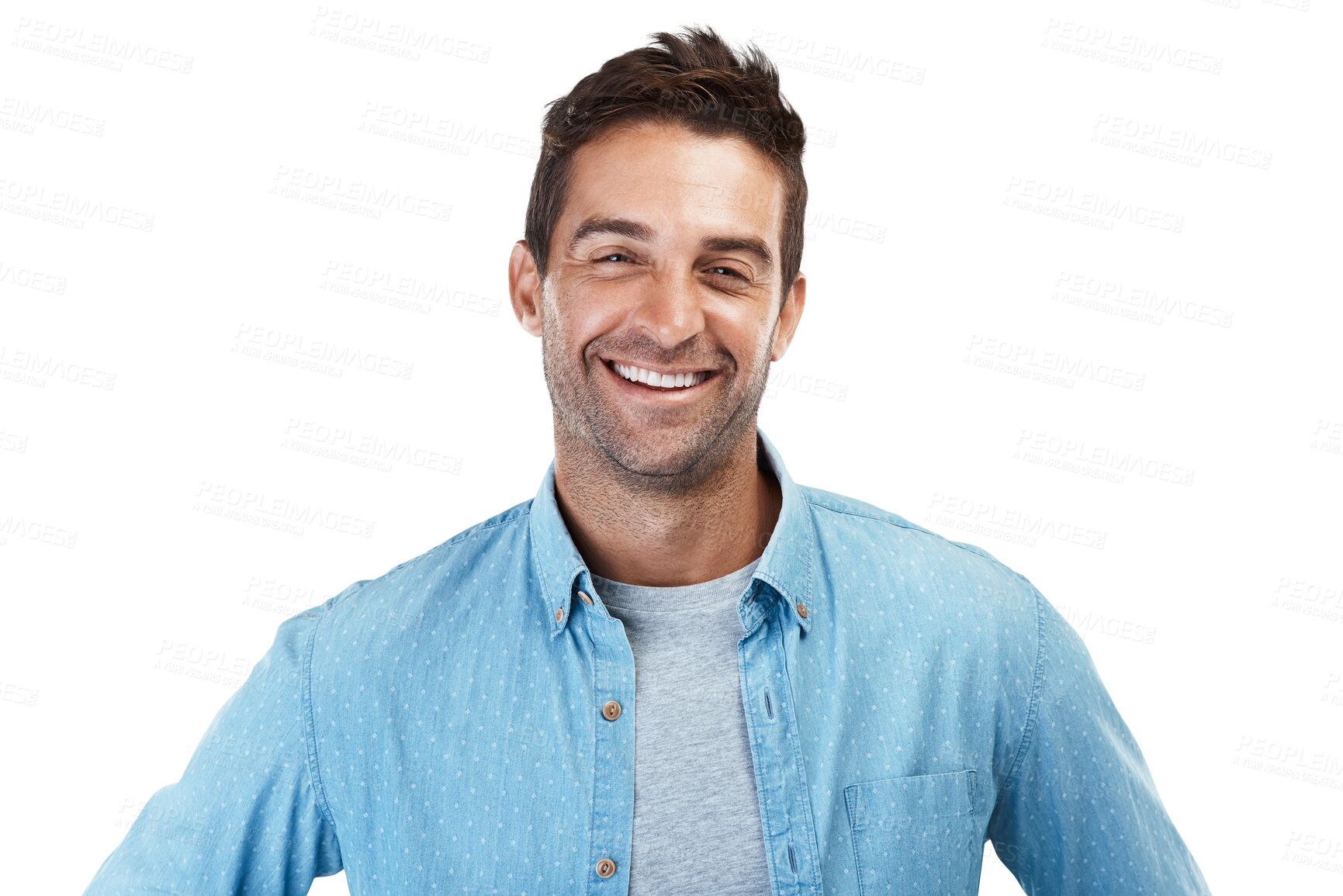 Buy stock photo Portrait of happy man, denim fashion and confidence in Portugal isolated on transparent png background. Casual shirt, relax and real face of male model with smile in trendy modern style with pride.