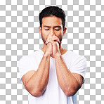 Man, praying and hands in meditation or worship to God for faith or belief in spirituality, mindfulness and peace in studio. Christian, prayer and person with religion and zen on blue background