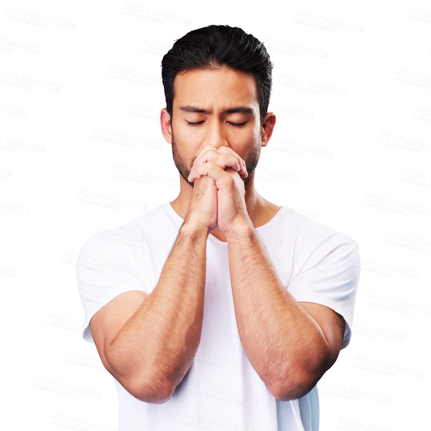 Buy stock photo Hope, praying and man in meditation or worship to God for faith isolated in a transparent or png background with peace. Christian, gratitude and spiritual person with religion, mindfulness and zen