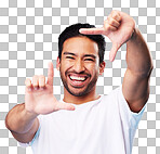 Happy, hand frame and portrait of a man for a selfie, creative aesthetic or advertising photography. Smile, laughing and face of an Asian person with a gesture for a photo on a blue background