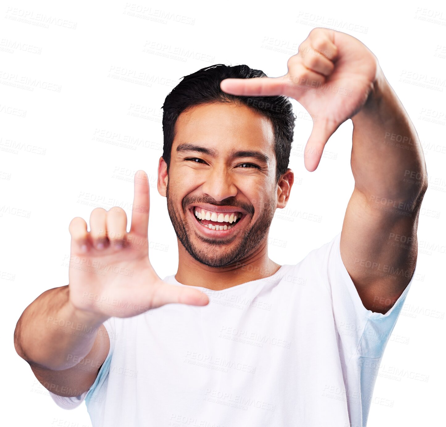 Buy stock photo Happy, hand frame and portrait of a man for a selfie, creative aesthetic isolated in a transparent or png background. Smile, laughing and face of an Asian person confident with a gesture for a photo