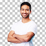 Smile, happy and portrait of Asian man arms crossed with casual fashion isolated in a studio blue background. Relax, calm and young male person with cheerful or confident mindset and happiness