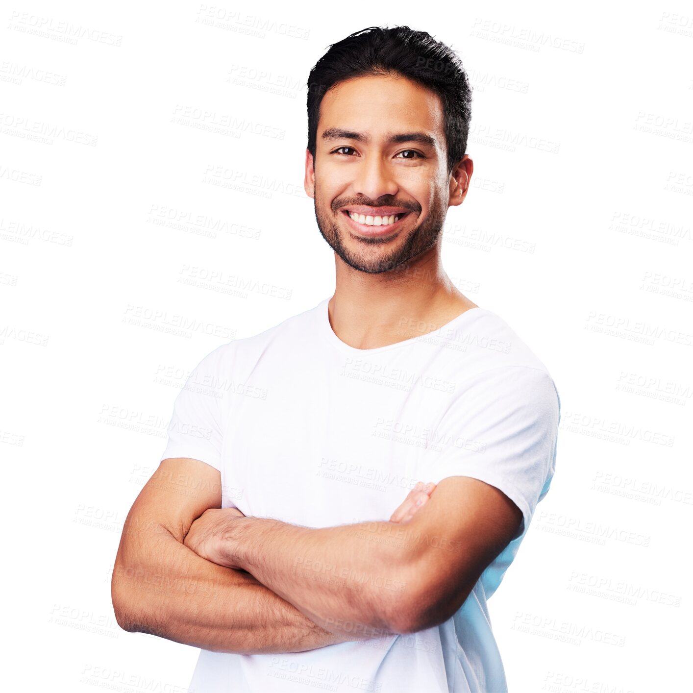 Buy stock photo Smile, portrait and Asian man with arms crossed in casual fashion isolated on transparent png background. Relax, calm and happy face of young male person, proud and confident model with trendy style.