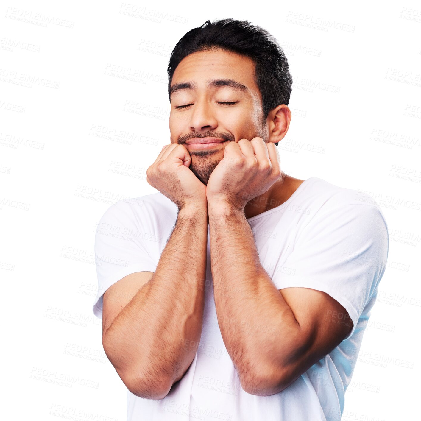 Buy stock photo Sleeping, relax and dreaming with face of man on png for peace, tired and resting. Thinking, calm and smile with Asian person isolated on transparent background for smile, happiness and idea