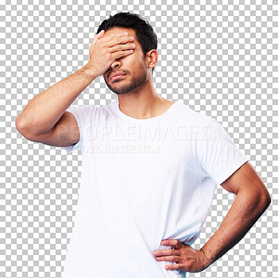 Man, face palm and mistake in studio with thinking, regret or anxiety for fail by blue background. Young guy, student and cover eyes with stress, memory and shame for bad decision with cotton t-shirt