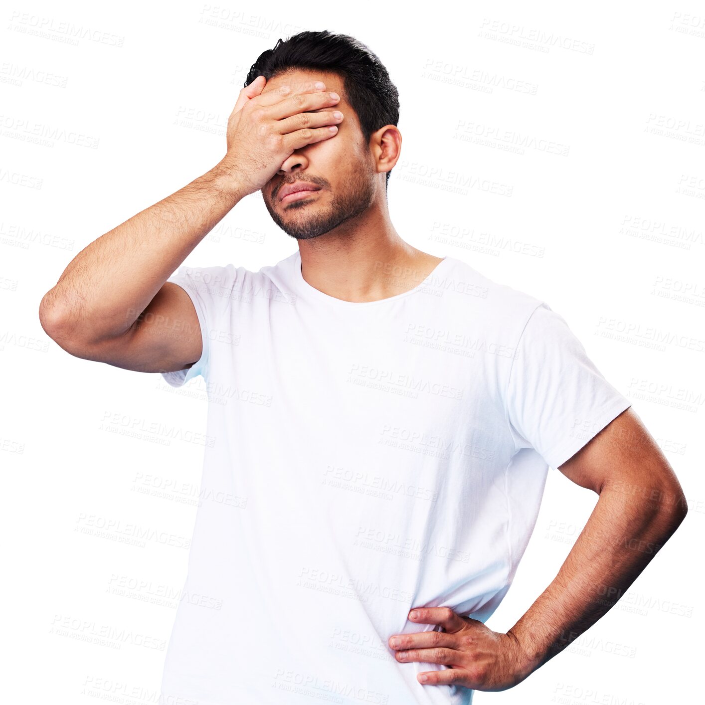 Buy stock photo Man, face palm and mistake isolated on transparent png background with regret, anxiety or fail. Sad male model cover eyes to hide from stress, frustrated and shame of depression, crying and reaction