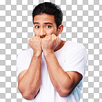 Fear, scared and portrait of man nervous, anxiety or anxious due to crisis or stress isolated in a studio blue background. Worry, suspense and young male person hands in face for mistake reaction