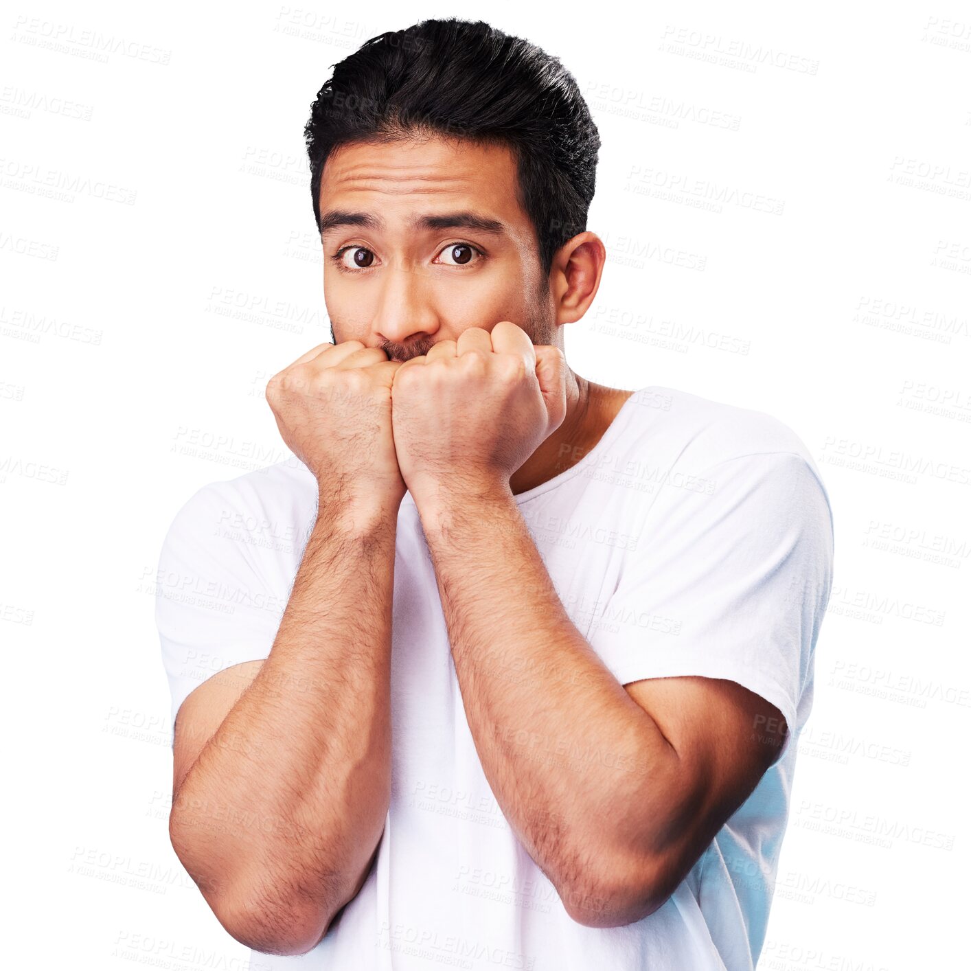 Buy stock photo Fear, scared and portrait of man, anxiety and stress in crisis problem isolated on transparent png background. Worry, suspense risk and horror, nervous young male person with hands in face in terror.