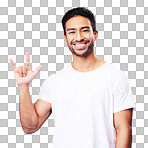 Man, horns and love in studio portrait with smile, kindness and sign language by blue background. Young guy, student and happy with icon, emoji and hand with care, romance or vote with white t-shirt