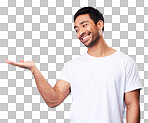 Mockup, showing and man with a smile, opportunity and decision against a blue studio background. Male person, advertising and model with product placement, hand gesture and presentation with sign