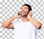Music, headphones and happy man listening in studio isolated on a blue background. Radio, smile and person with audio, sound or hearing podcast, jazz or media for hip hop with eyes closed for freedom