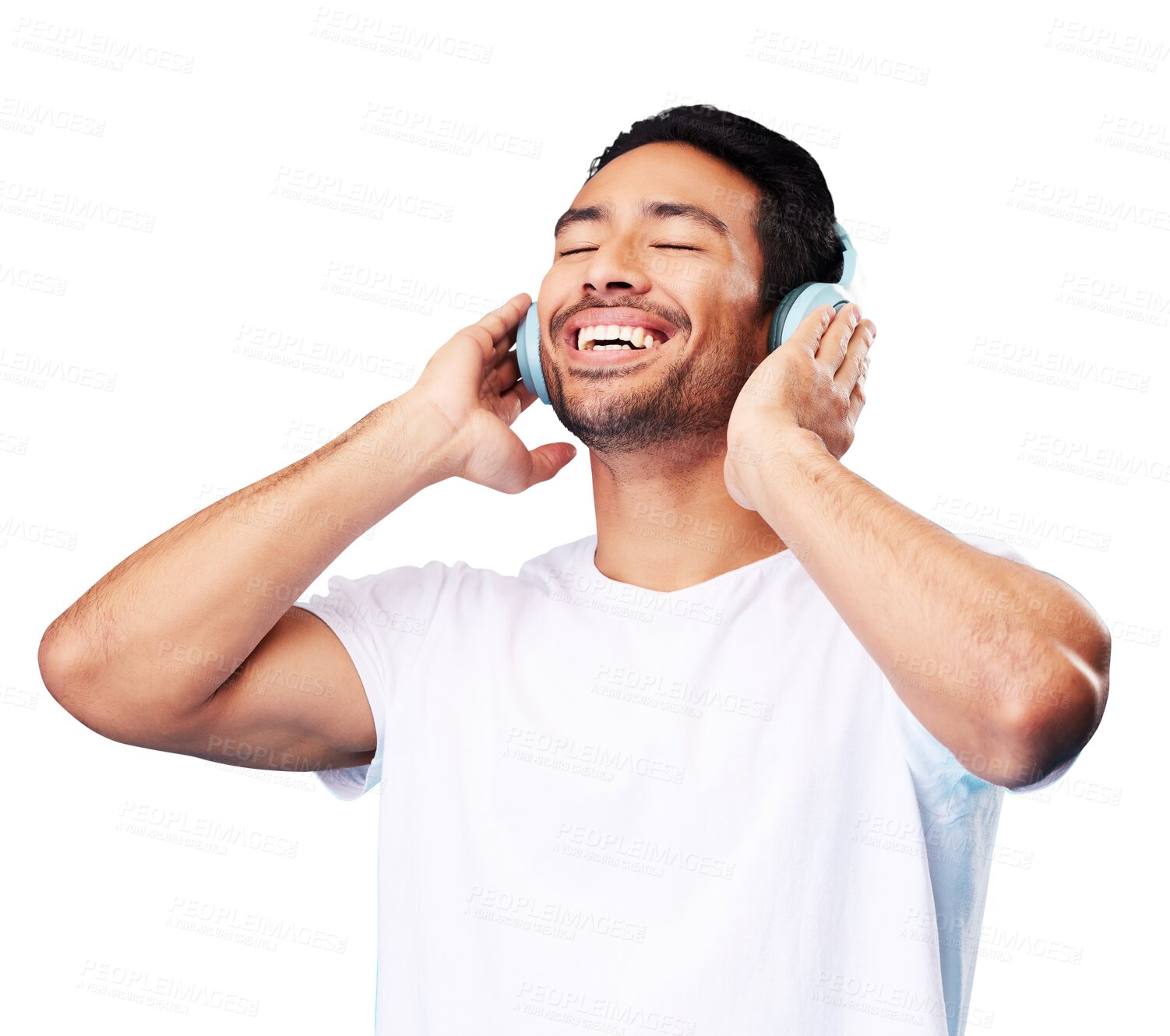 Buy stock photo Asian man, headphones and smile for music isolated on transparent png background for hearing podcast subscription. Happy male model listening to audio, streaming sound and radio media with technology