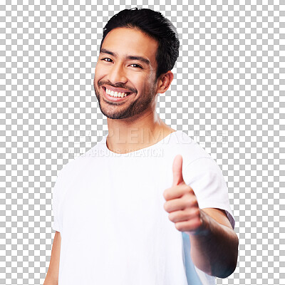 Buy stock photo Thumbs up, portrait or success of asian man isolated on transparent png background for winning news. Face of happy model, okay emoji and like for feedback, review or vote yes for support of agreement