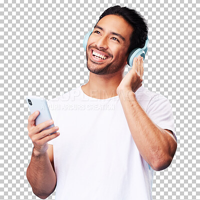 Music, headphones and Asian man with phone for listening in studio isolated on a blue background. Radio, smile and person with audio, sound and hearing podcast, jazz or media for hip hop with mobile