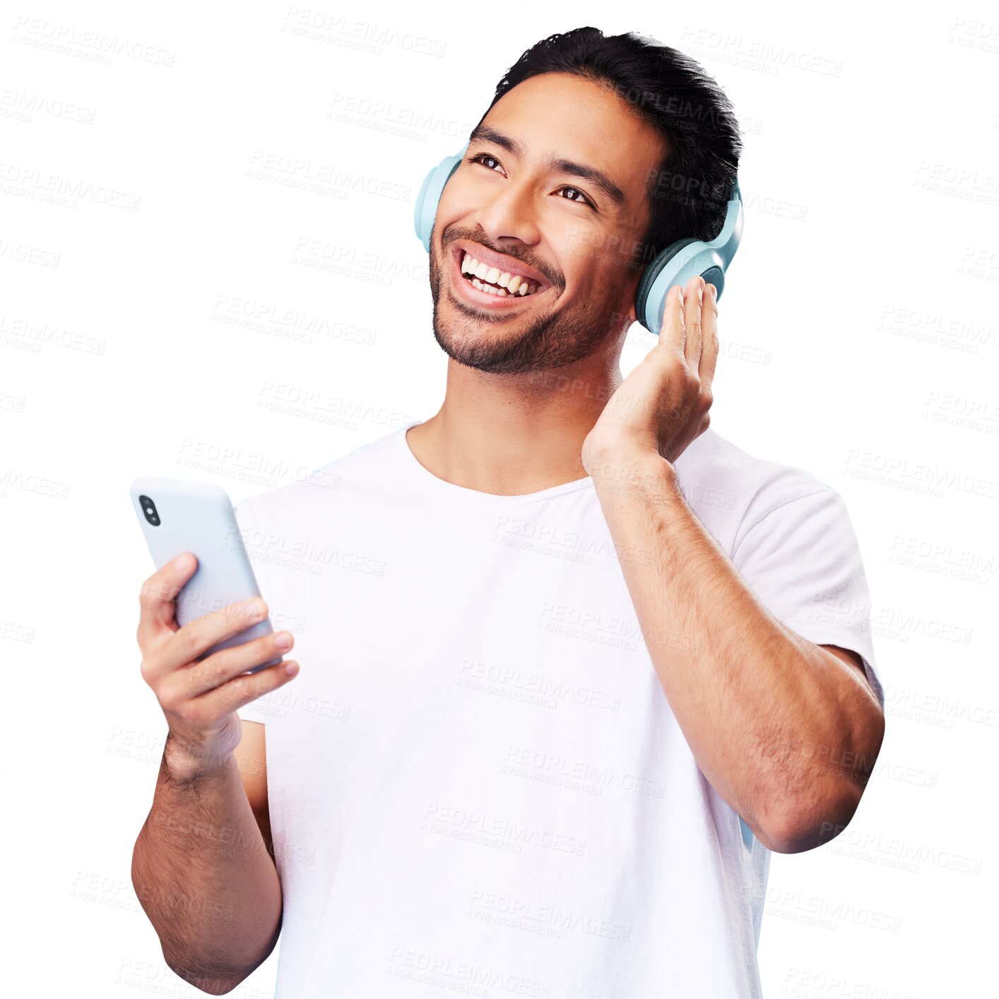 Buy stock photo Man, headphones and thinking of music with phone isolated on transparent png background for podcast app. Happy asian model, smartphone and listening to audio, streaming mobile sound and online radio