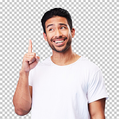 Mockup, pointing up or man with a smile, thinking or solutions against a blue studio background. Male person, decision or model with hand gesture, opportunity or branding with sign, choice or showing