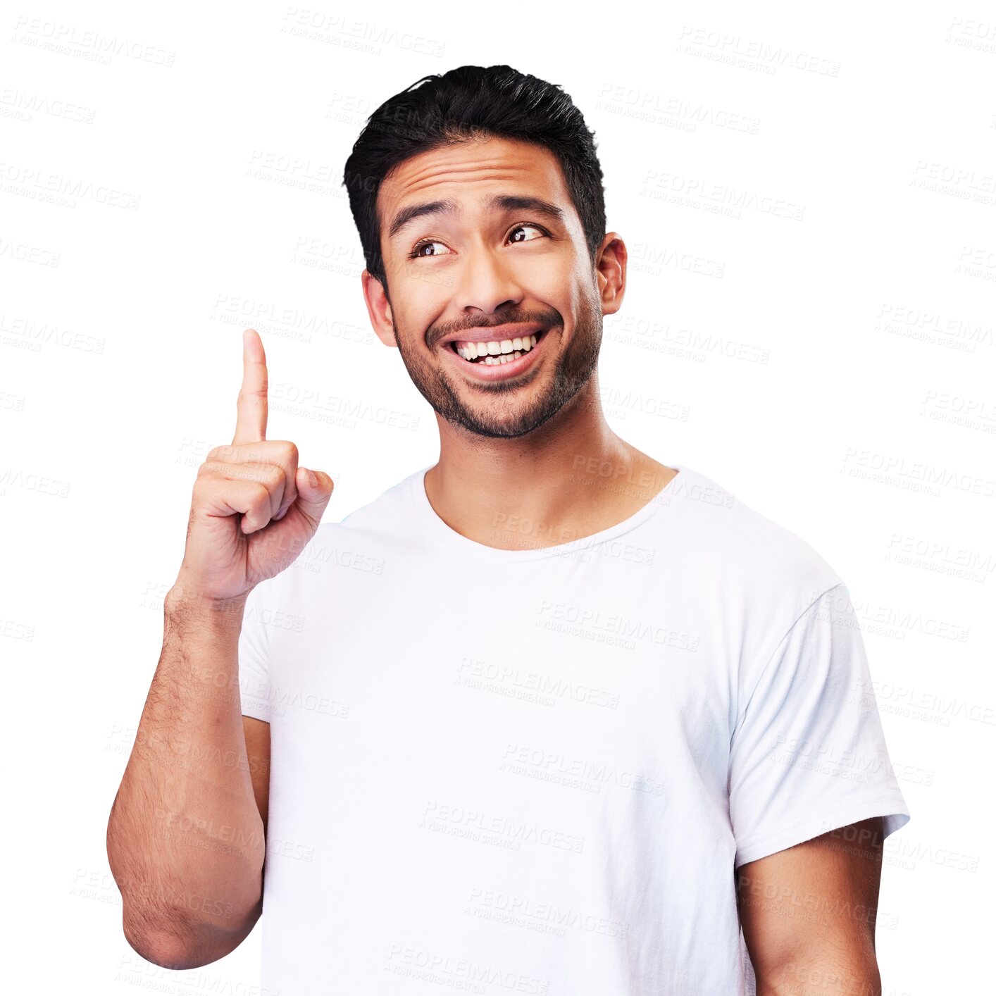 Buy stock photo Pointing, idea and thinking with face of man on png for brainstorming, solution and presentation. Happiness, smile and promotion with Asian person isolated on transparent background for show and sign