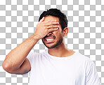 Scared, covering eyes and a man on a blue background for fear, anxiety or angry with a problem. Mental health, fail and a person with hands on face while frustrated and isolated on a studio backdrop