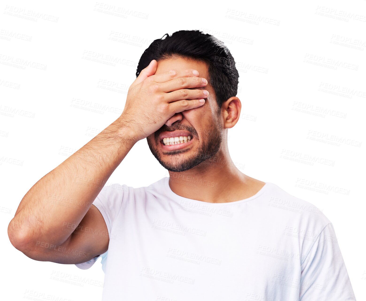 Buy stock photo Scared, covering eyes and man isolated on transparent png background for fear, anxiety or angry with mistake. Mental health, fail and male person with hands on face, frustrated and crisis problem.