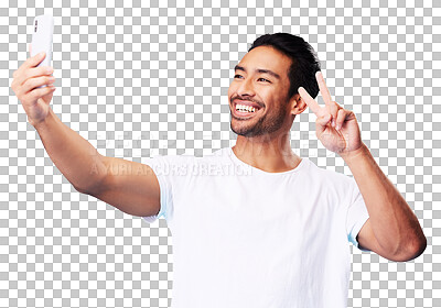 Happy, peace sign and a man with a phone on a blue background for communication or social media. Smile, contact and a male influencer with an emoji hand and a mobile while live streaming in studio