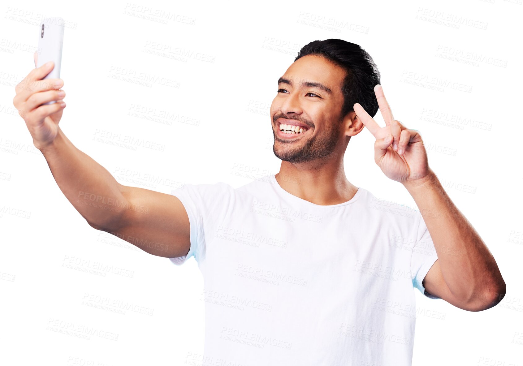 Buy stock photo Man, smile and peace for selfie isolated on a transparent png background for fun, live streaming and vlog. Happy asian model, profile picture and show v sign, hand emoji and memory for social media 