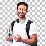 Indian, college student and portrait with phone in studio and backpack for university, education and connection on blue background. Happy, man and person excited to study and learn for future goals