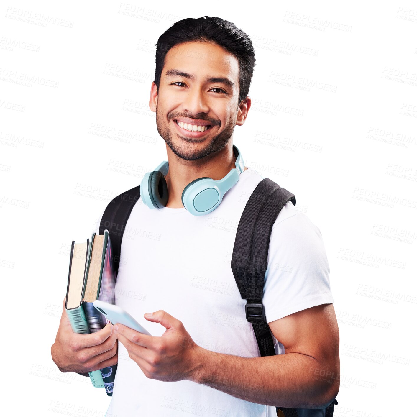 Buy stock photo Isolated student man, phone and texting with books, portrait or smile for chat by transparent png background. Young guy, smartphone and social media app with backpack for education, learning or blog