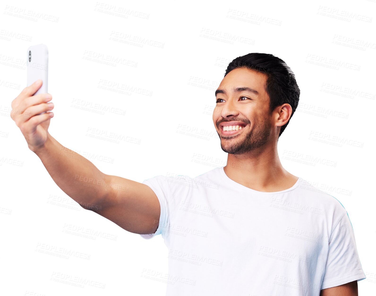 Buy stock photo Man, smile and selfie for social media isolated on a transparent png background for fun, live streaming and vlog. Happy asian model, content creator and profile picture for memory, video call or blog