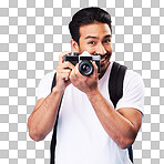 Portrait, creativity and man with a camera, photography and artist against a blue studio background. Face, male person and model with vintage technology, journalist and photographer with inspiration