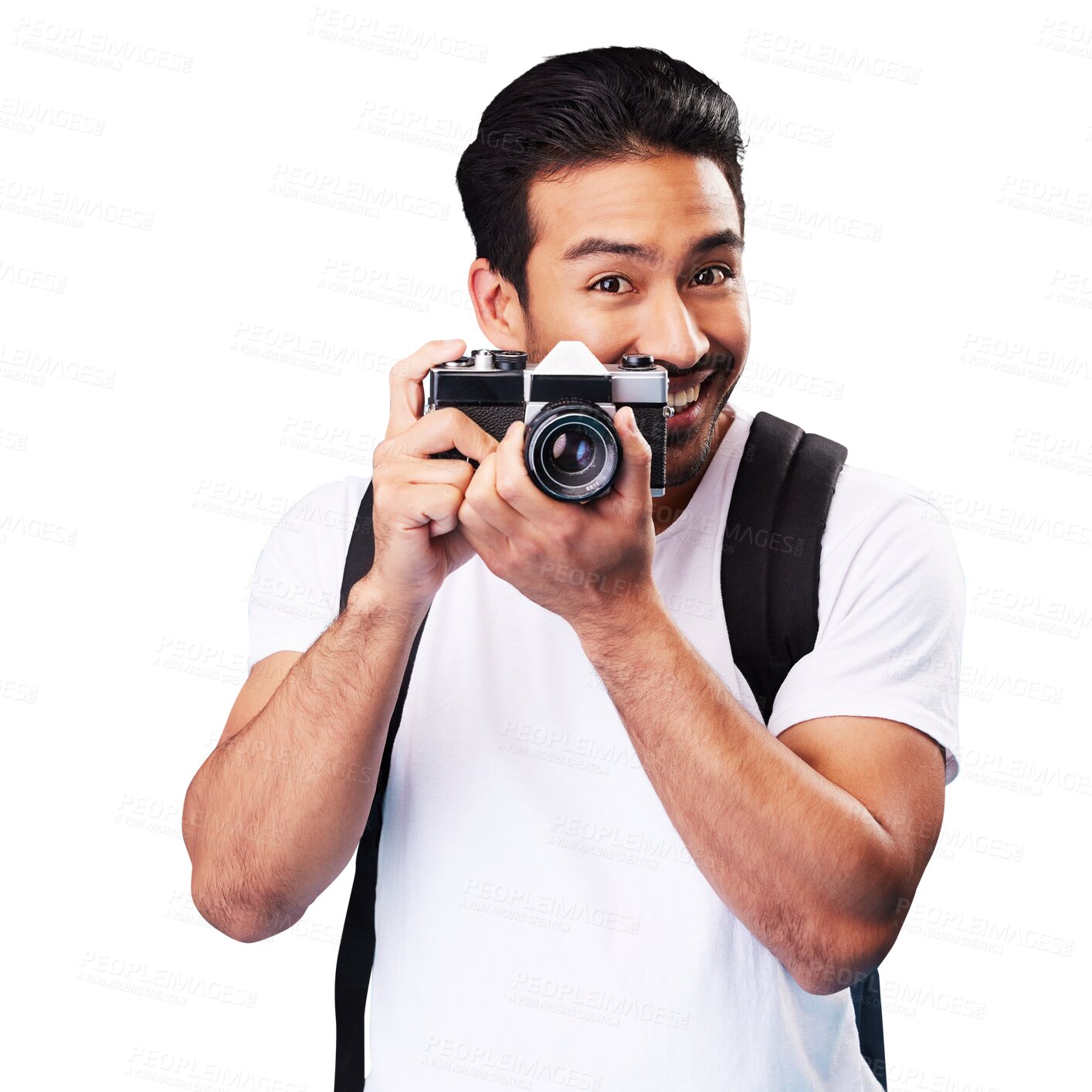 Buy stock photo Portrait, travel and man with a camera, photography and cameraman isolated on a transparent, png background. Paparazzi person with retro media, journalist and vintage photographer with inspiration