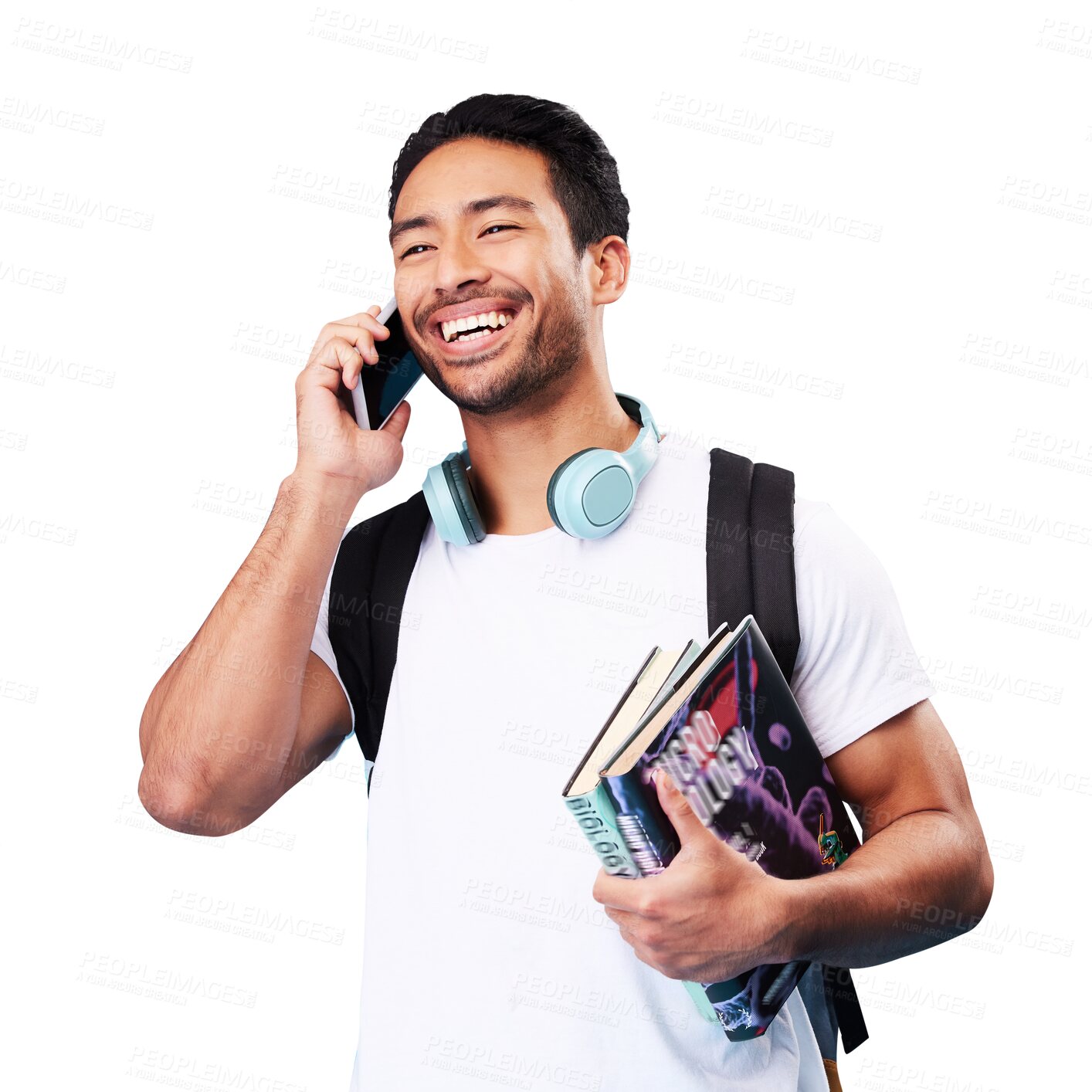 Buy stock photo Isolated man, student and phone call with books, thinking and smile for chat by transparent png background. Young guy, smartphone and happy conversation with backpack for education, learning and talk