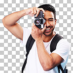 Portrait, smile and man with a camera, photography and taking picture against a blue studio background. Face, male person or model with creativity, vintage technology or photographer with inspiration