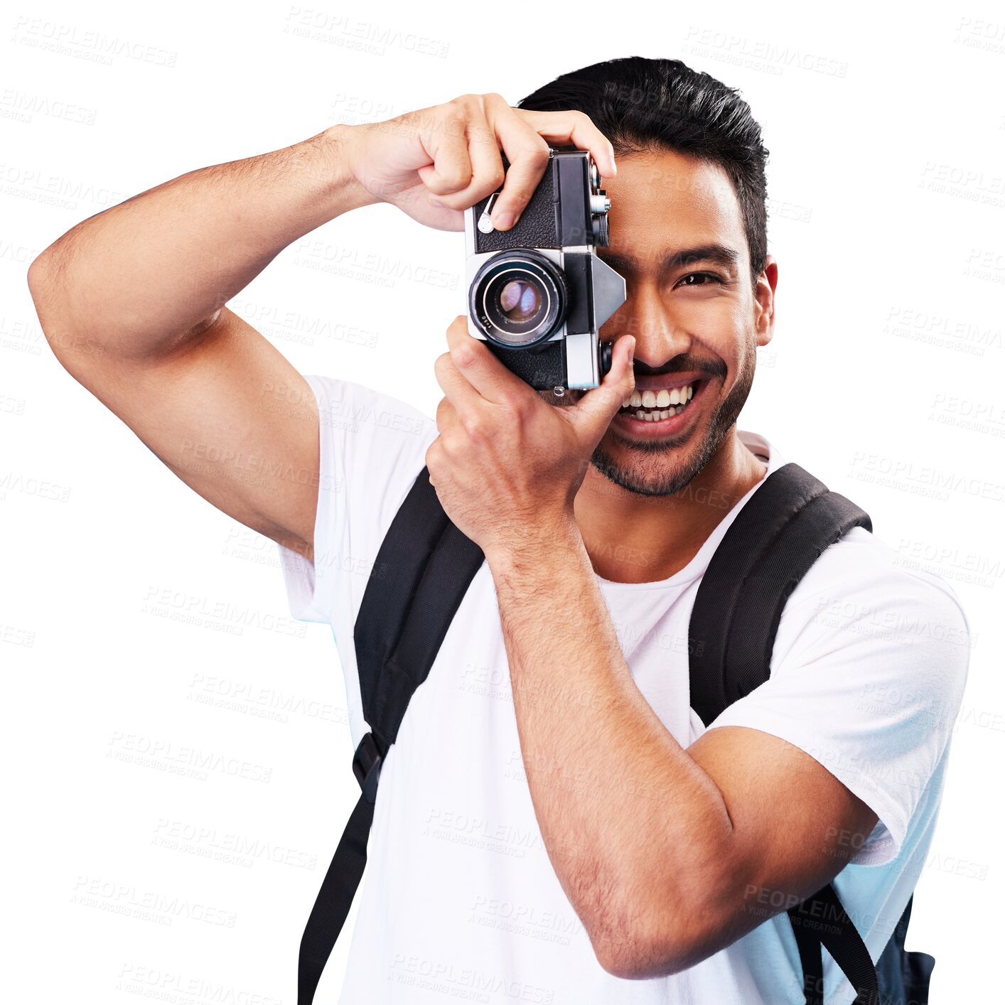 Buy stock photo Travel, photographer and smile with portrait of man on png for tourist, holiday and film. Retro, camera and vacation with Asian person isolated on transparent background for vintage and inspiration 