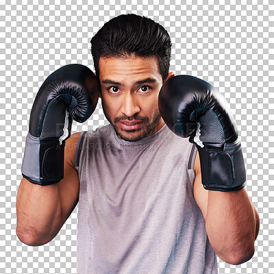 Boxing, man and fighter training, portrait or challenge against a blue studio background. Male person, boxer or serious athlete with power, face or energy with workout goals, fight or strong champion